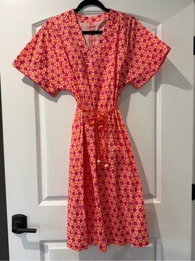 NIU Pink & Orange Printed V-Neck Tie-Waist Dress (S)